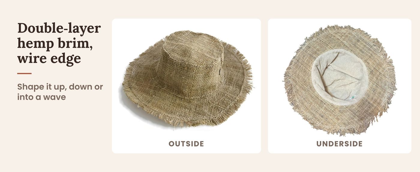 Frayed hemp sun hat from above and underneath, showing the double-layer brim, wire edge and cotton lining