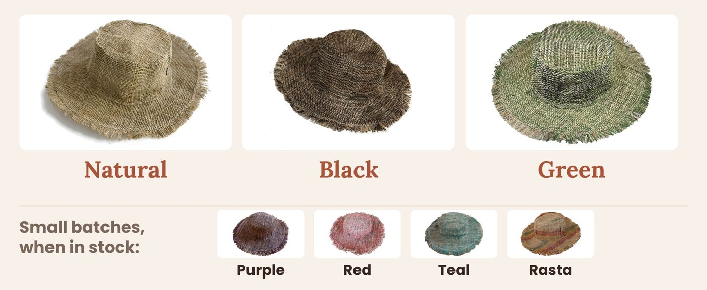 Frayed hemp sun hat in natural, black, green, purple, red, teal and rasta