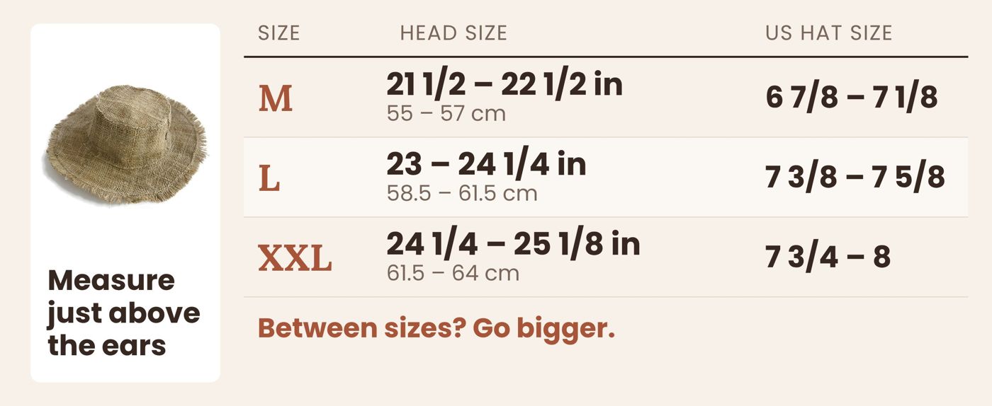 Frayed hemp sun hat size guide with head sizes and US hat sizes