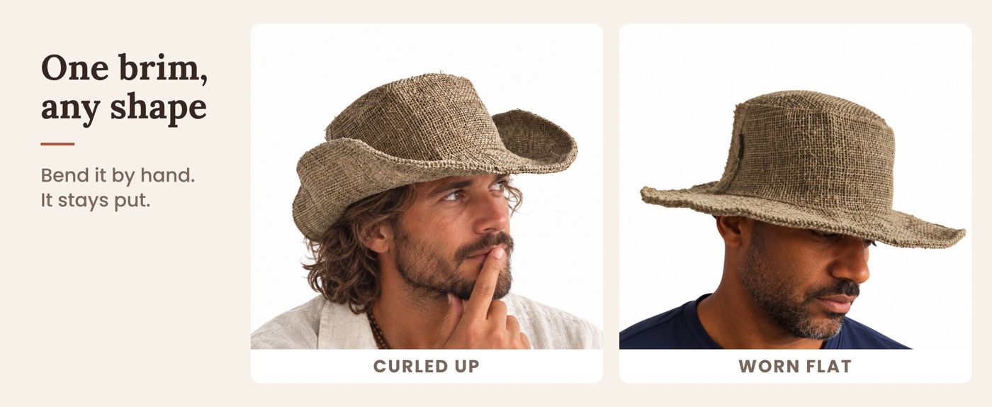 Foldable hemp sun hat with the brim curled up and laid flat, showing the wire edge and lining