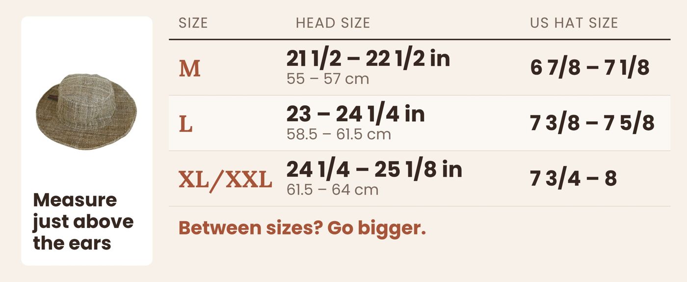 Size guide for the foldable hemp sun hat: M, L and XL/XXL