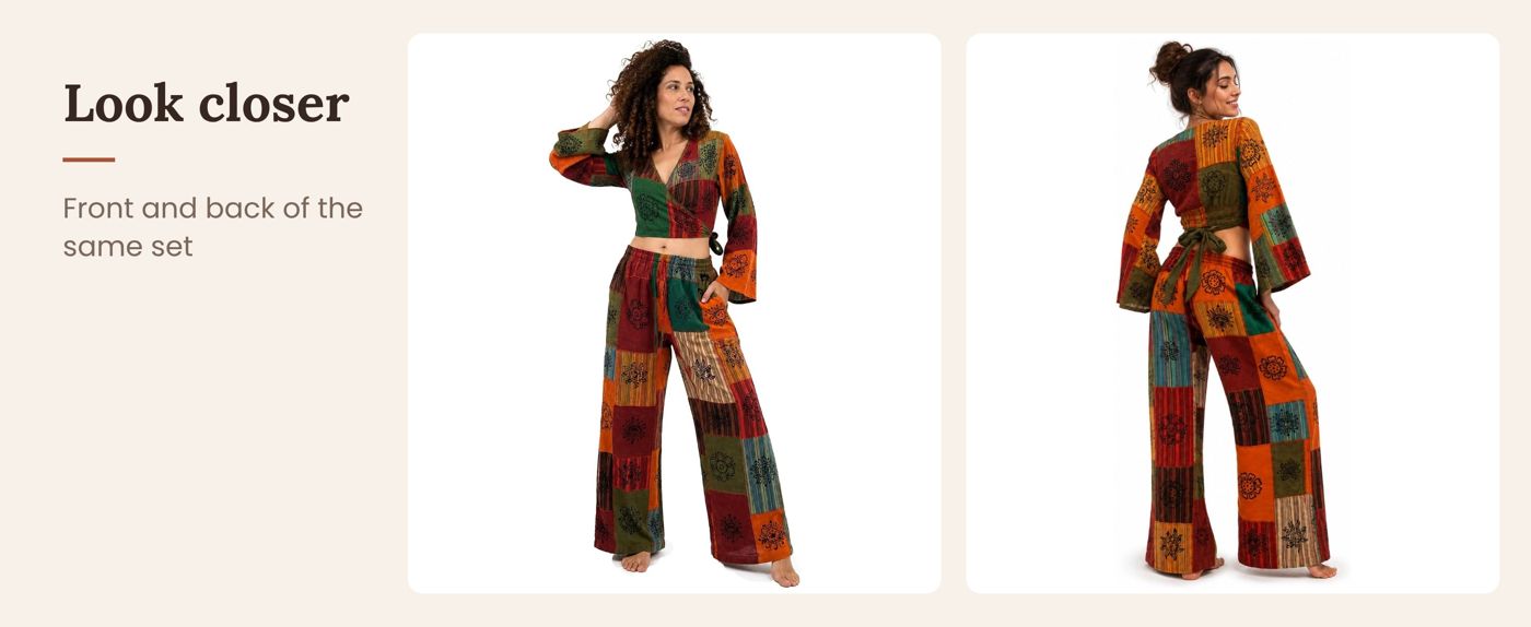 Patchwork palazzo set showing the wrap top, bell sleeves, back ties, drawstring waist and block print