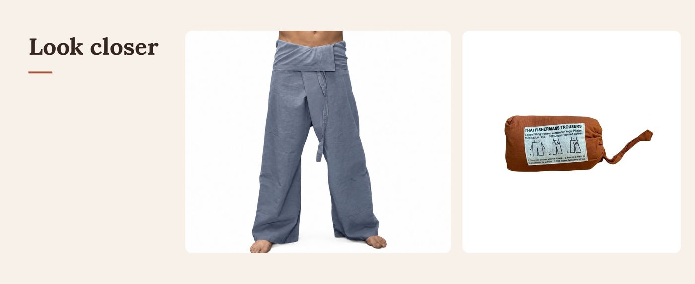 Thai fisherman pants showing the wide wrap waist, cotton ties, roomy legs and the cotton gift bag