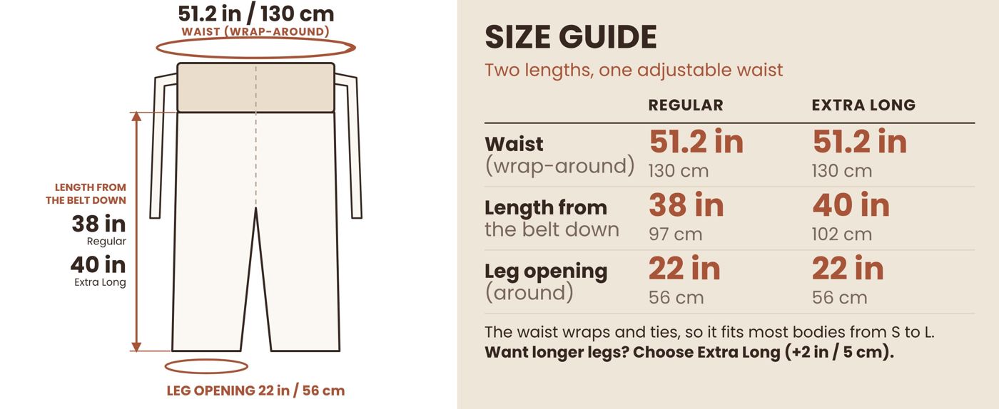 Thai fisherman pants size guide: Regular and Extra Long