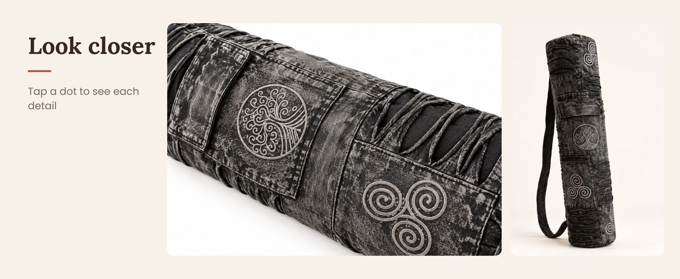 Yoga mat bag showing the drawstring top, flap pocket, embroidery, razor-cut stripes and strap