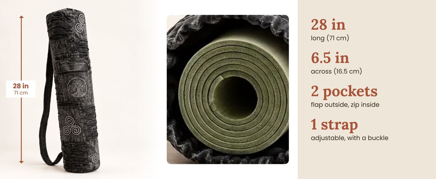 A rolled yoga mat going into the manaKAmana yoga mat bag