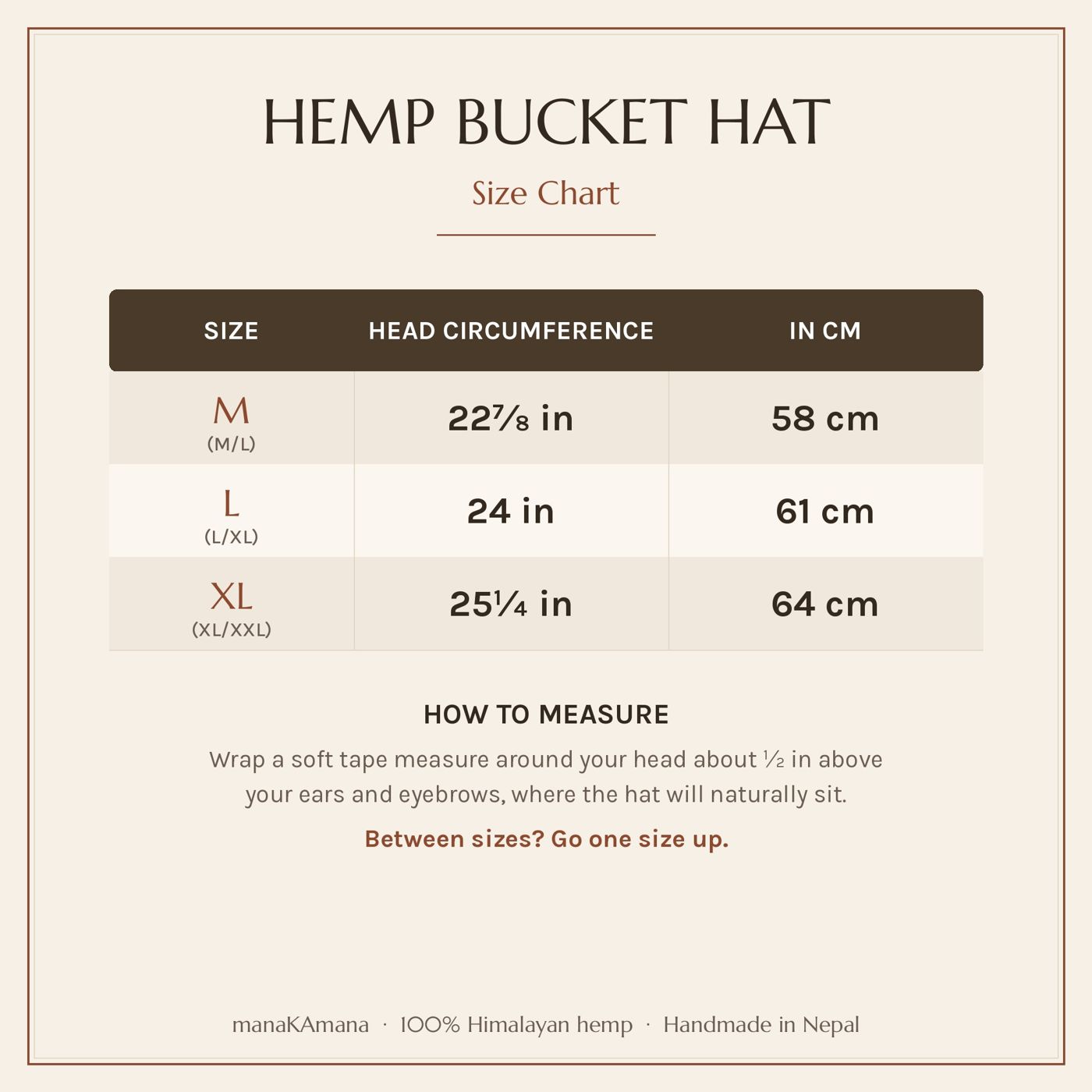 Hemp bucket hat size chart