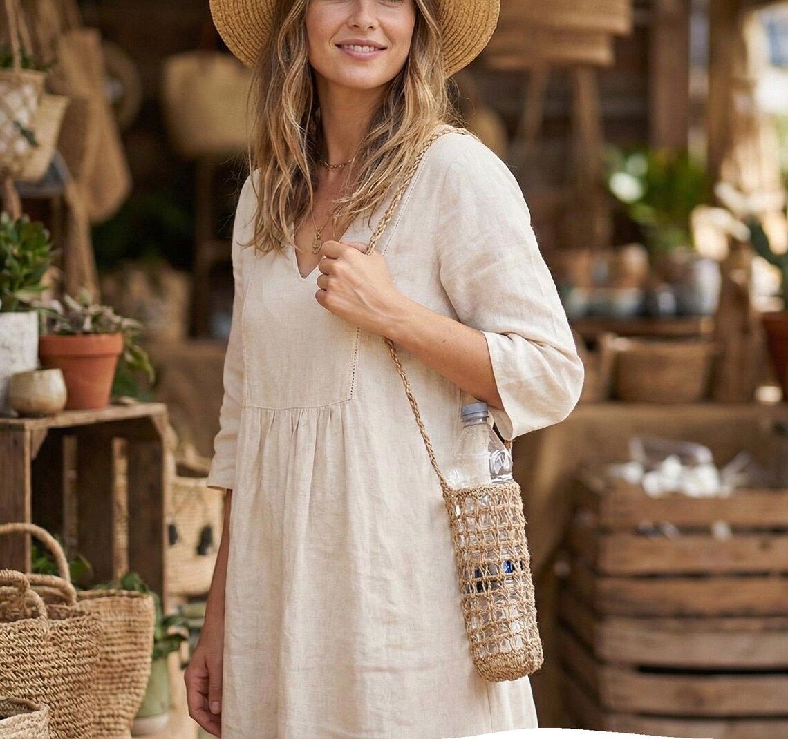 Woman at a market carrying a macramé bottle holder over her shoulder