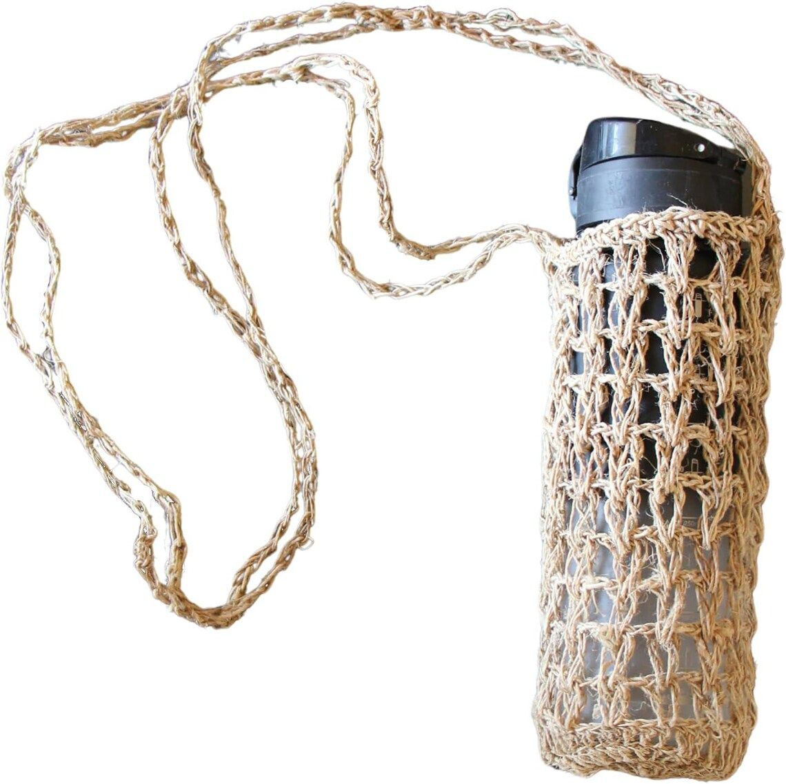 Two hemp macramé bottle holders with long straps