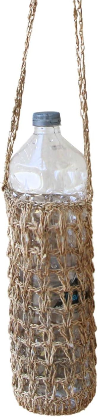 Hemp macramé bottle holder with a water bottle inside