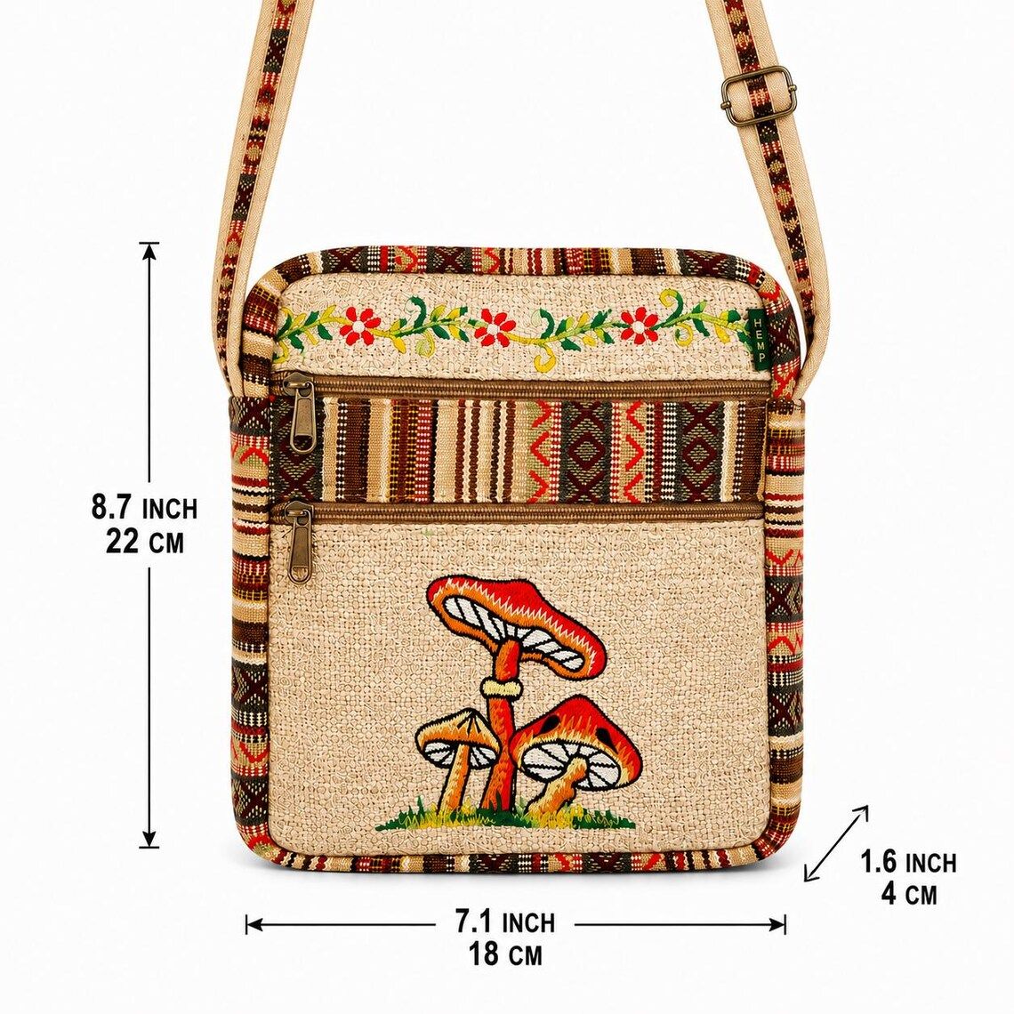 Mushroom crossbody bag with measurements: 8.7 in tall, 7.1 in wide, 1.6 in deep