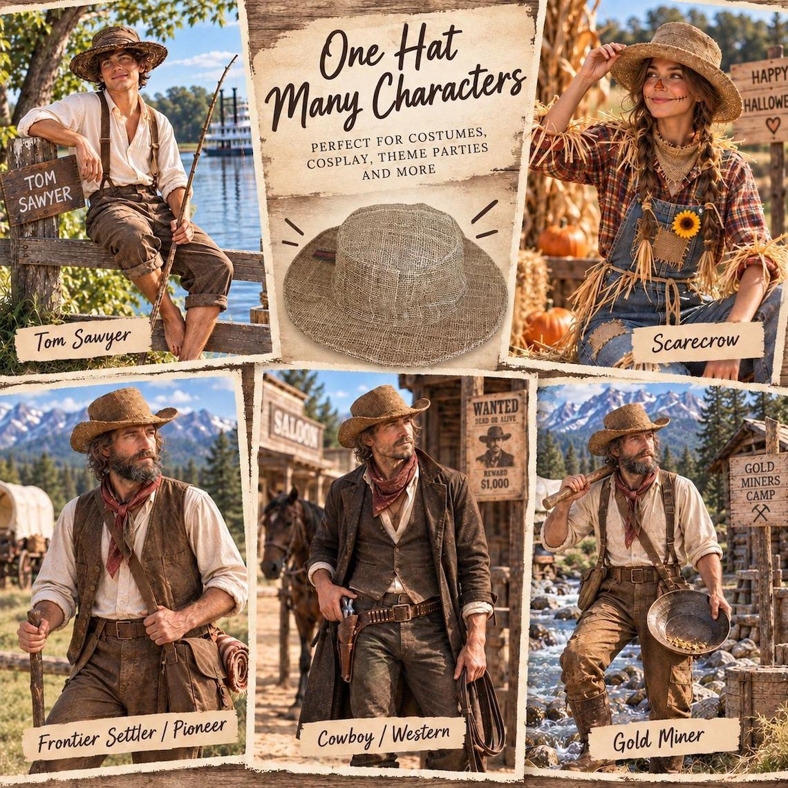 One hemp hat, many characters: Tom Sawyer, scarecrow, frontier settler, cowboy and gold miner looks