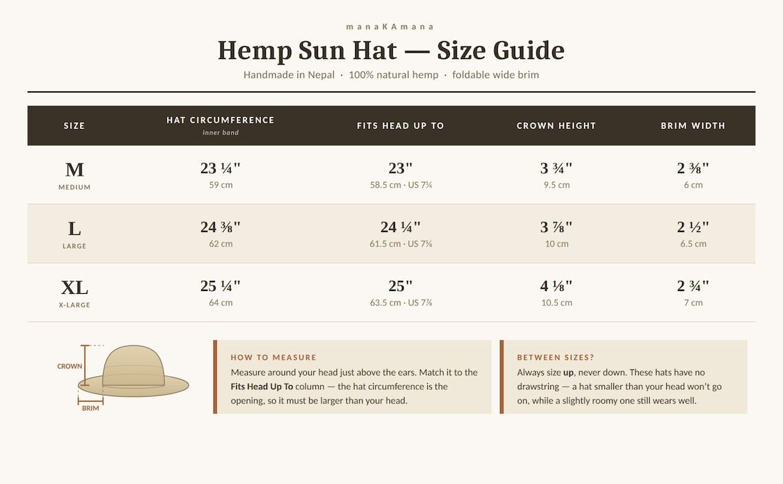 Foldable hemp sun hat size guide with head circumference, crown height and brim width