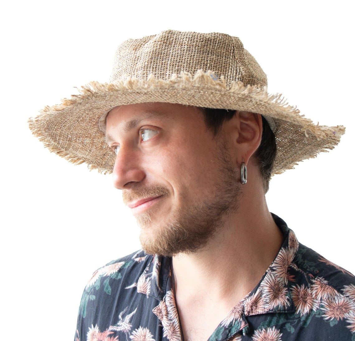 Frayed hemp sun hat with a wide wired brim
