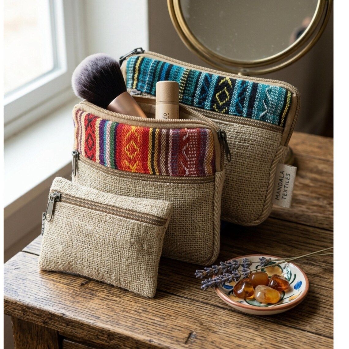 Hemp pouch set with geometric band holding makeup brushes on a table