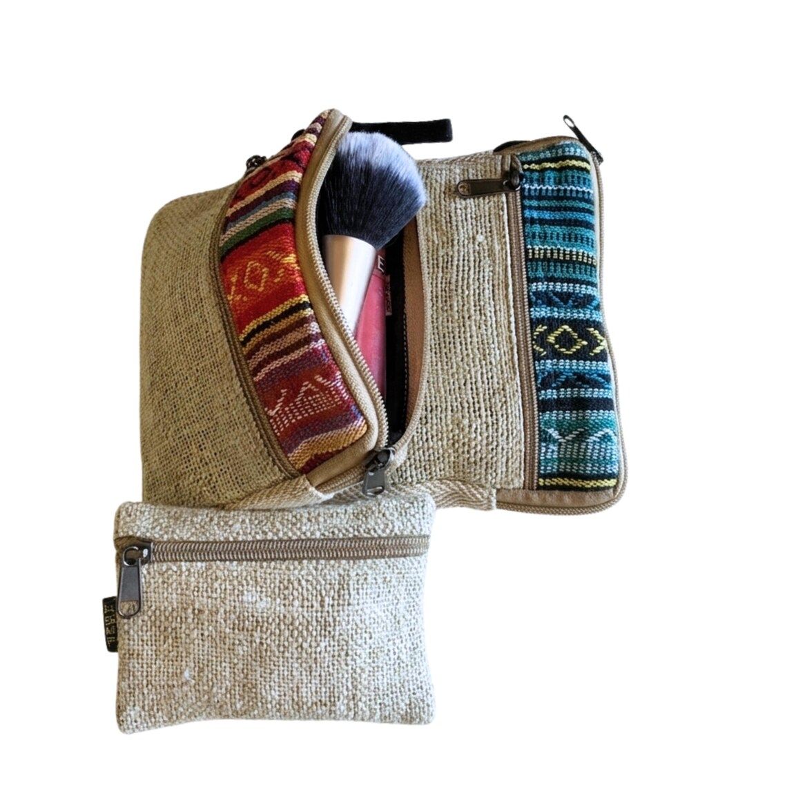 Hemp pouch set with geometric band, three pieces