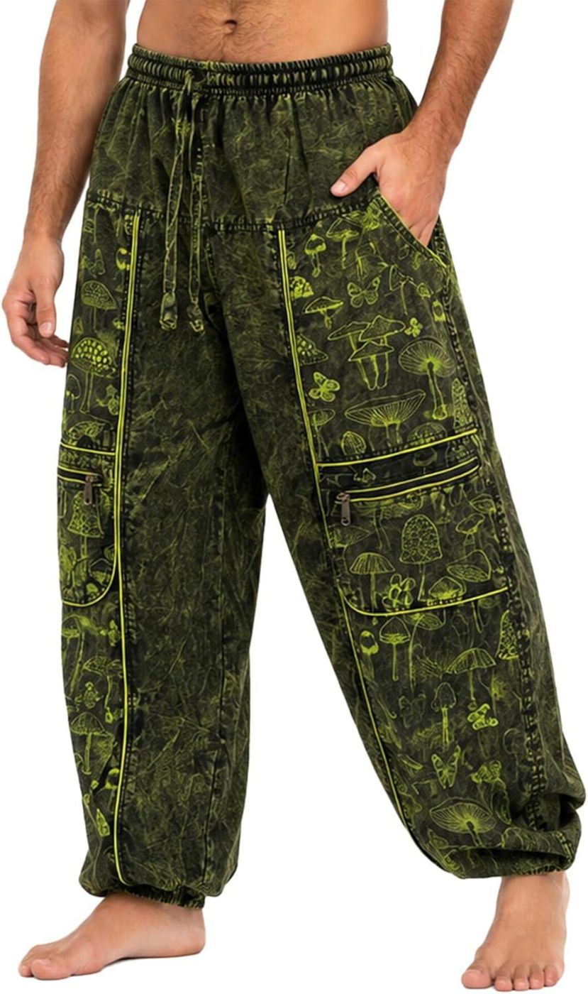 Front view of the green mushroom print harem pants