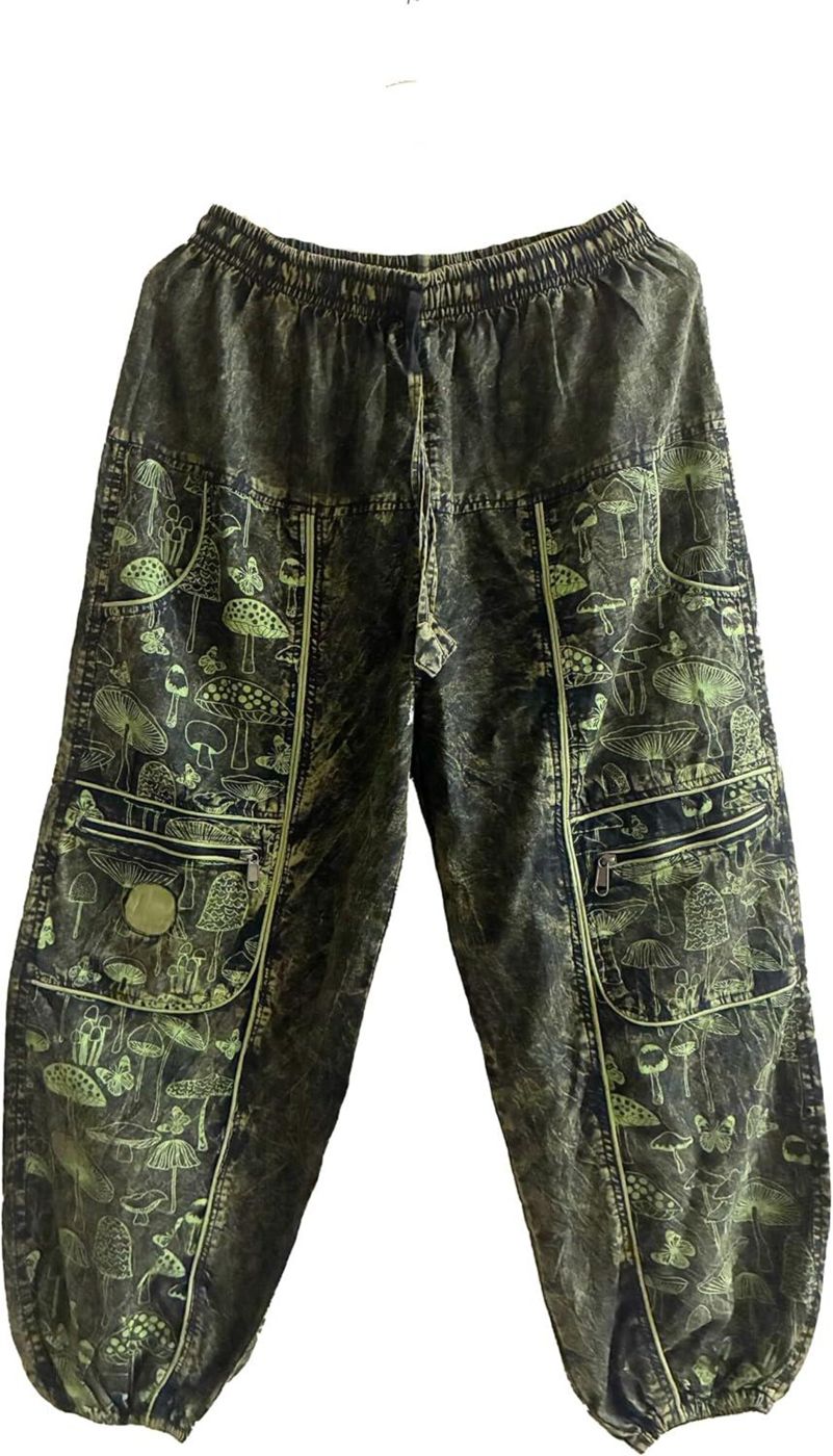 Mushroom print harem pants laid flat showing the cargo pockets