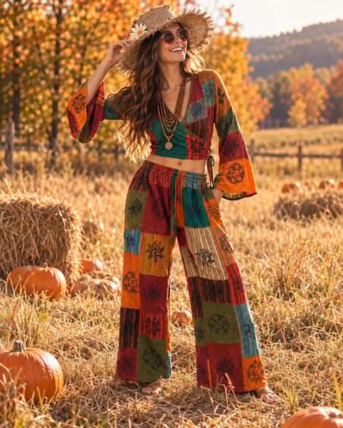 Woman in the patchwork palazzo set in an autumn field