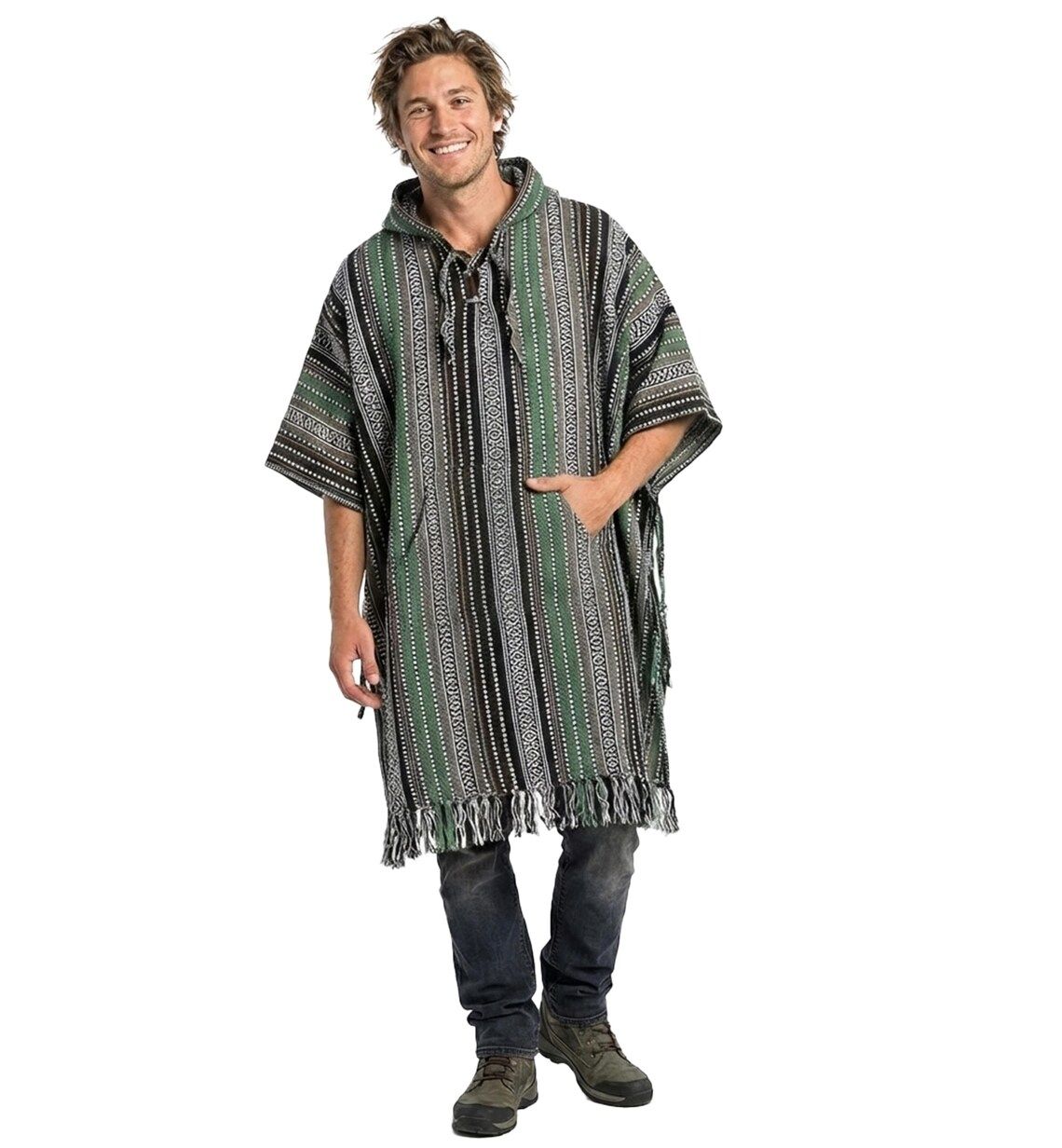 Man wearing an extra long Gheri cotton poncho
