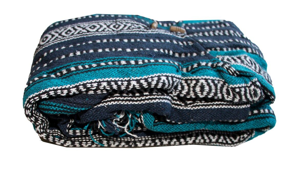 Folded Gheri cotton poncho with blue and turquoise stripes