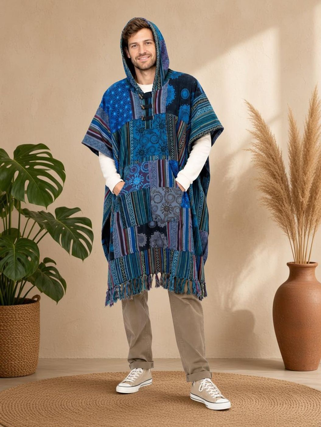 Man wearing the blue patchwork hooded poncho