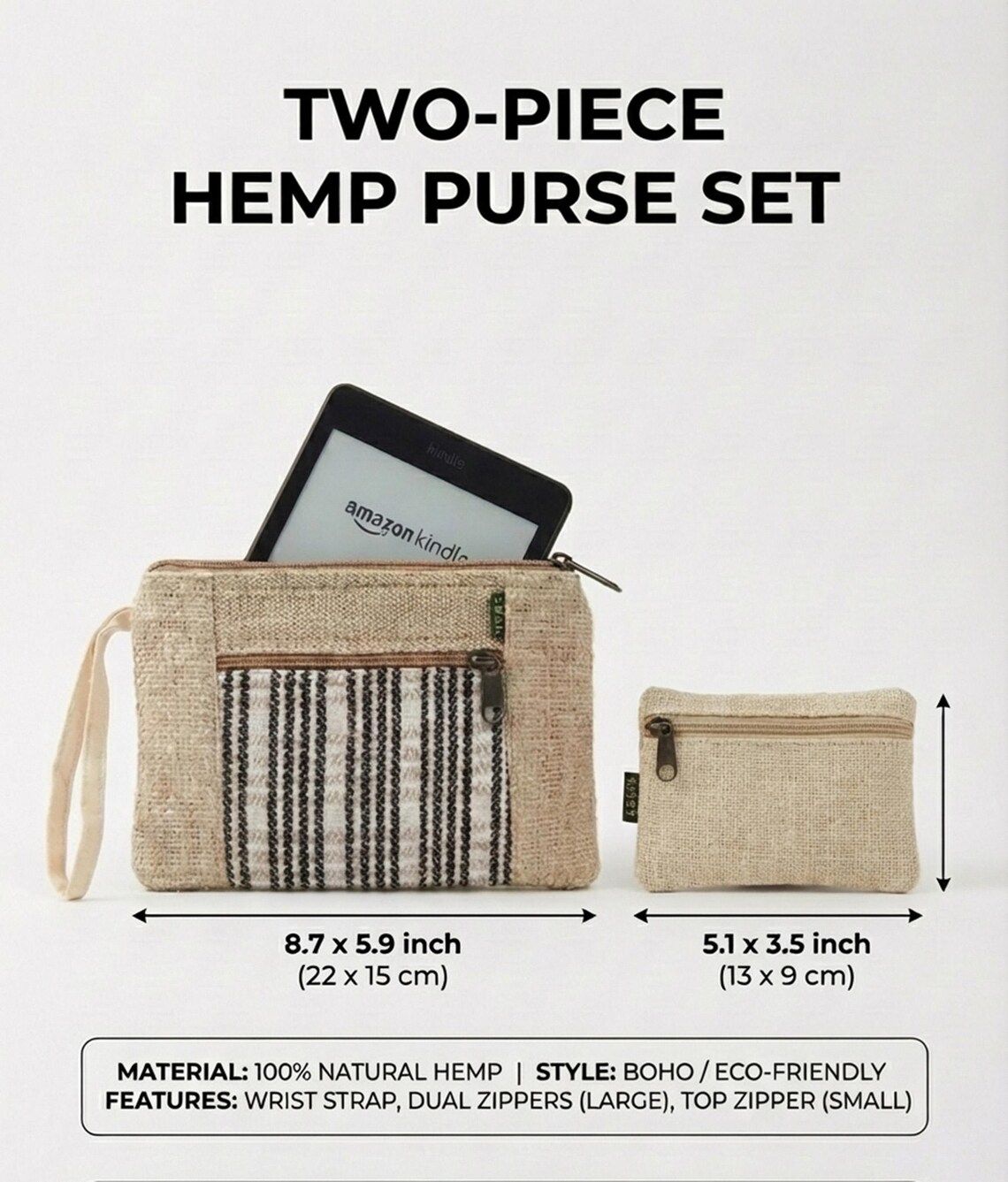 Two-piece hemp purse set infographic with pouch sizes