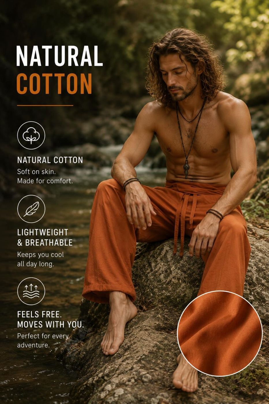 Man in orange Thai fisherman pants: natural cotton, light and breathable