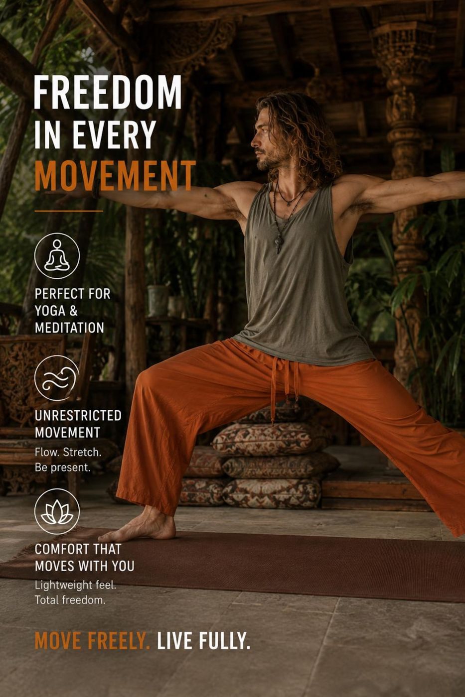 Man doing a yoga pose in Thai fisherman pants