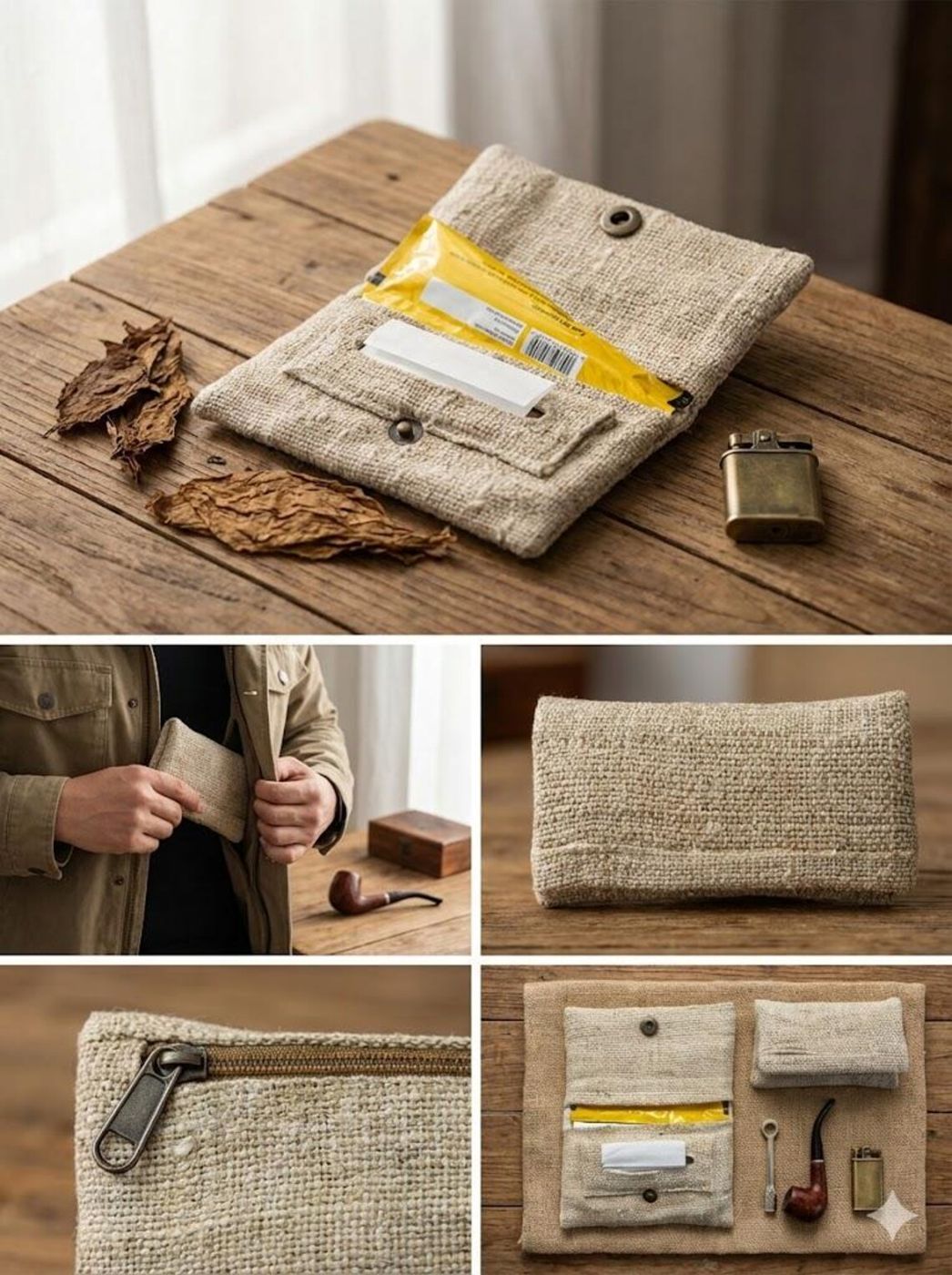 Hemp tobacco pouch open and closed, showing the paper slot and zip pocket