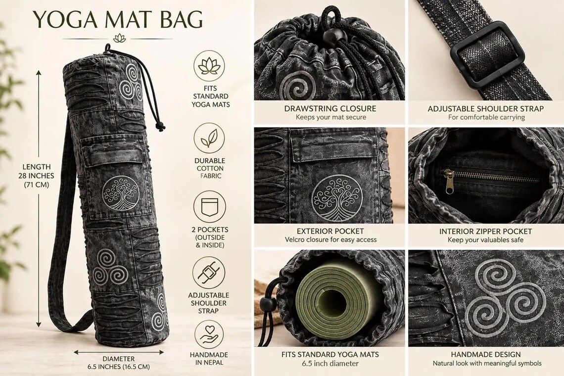 Yoga mat bag infographic: drawstring, pocket, buckle strap, embroidery and size