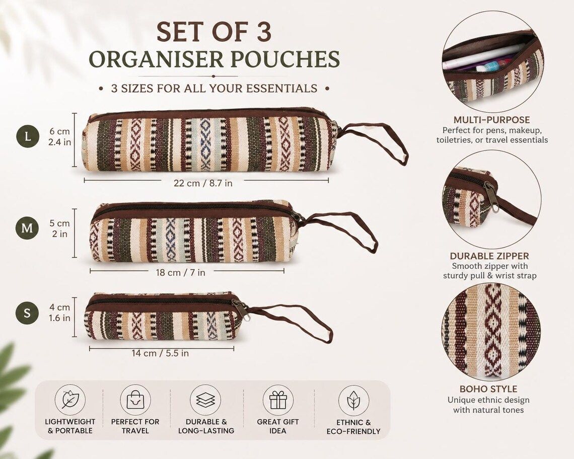Set of 3 organiser pouches infographic with the three sizes