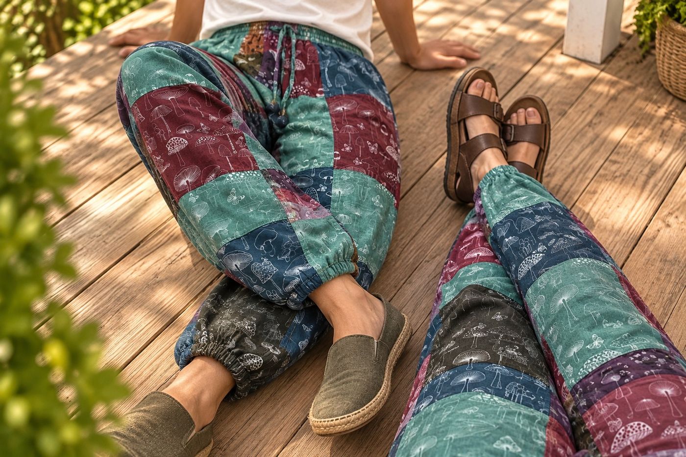 Two people sitting on a wooden deck in mushroom patchwork harem pants with elastic ankle cuffs