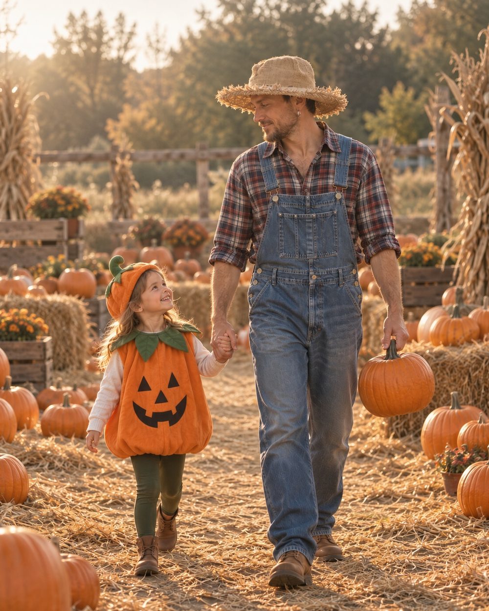 Father in a farmer costume with a hemp straw hat walking with a child in a pumpkin costume