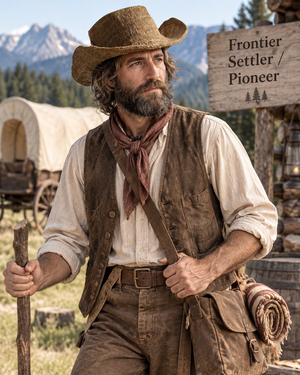 Man dressed as a frontier settler in a hemp sun hat, vest and bandana