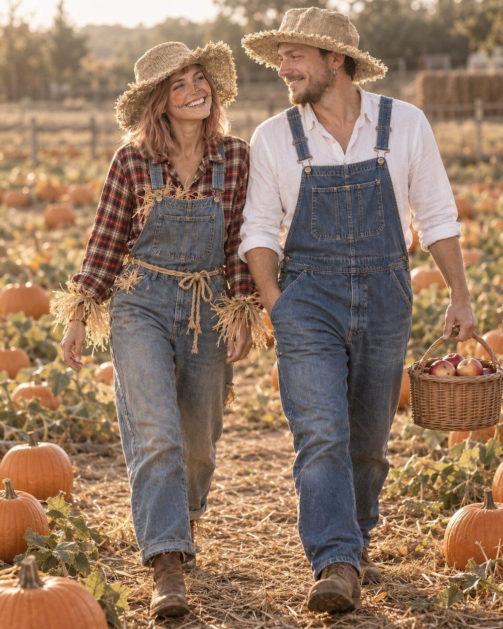 Couple dressed as a scarecrow and a farmer in hemp straw hats at a pumpkin patch