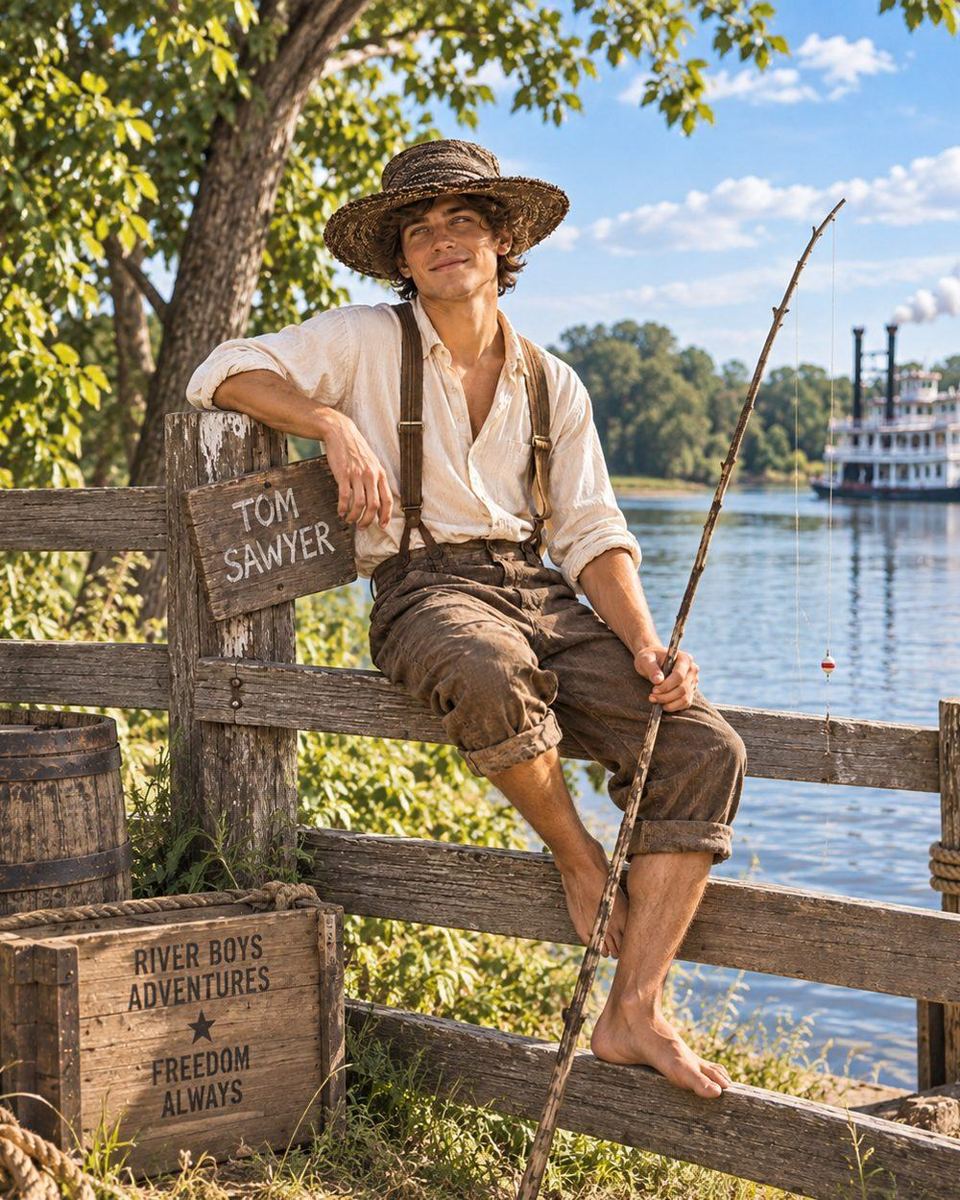 Young man dressed as Tom Sawyer in a black hemp sun hat sitting on a fence by a river