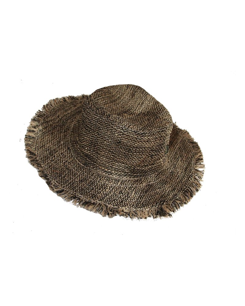 Hemp Sun Hat with Frayed Brim in black, handmade in Kathmandu, Nepal by manaKAmana