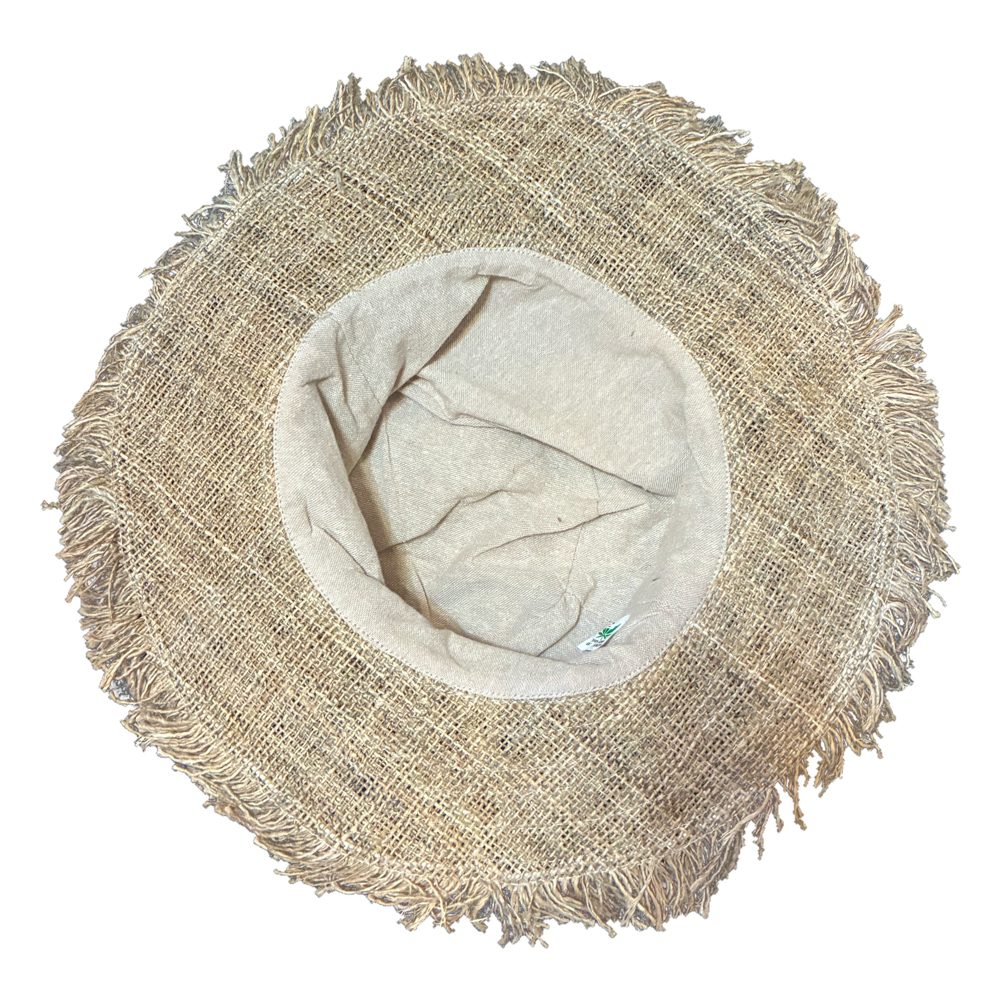 Underside of a manaKAmana frayed hemp sun hat showing the double-layer brim