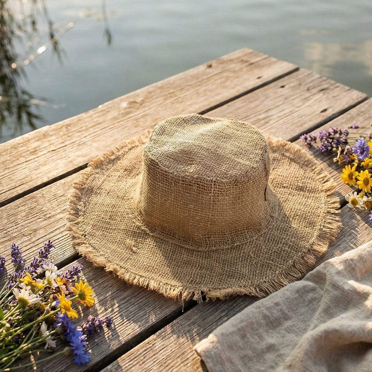 Frayed hemp sun hat on a wooden dock with wildflowers