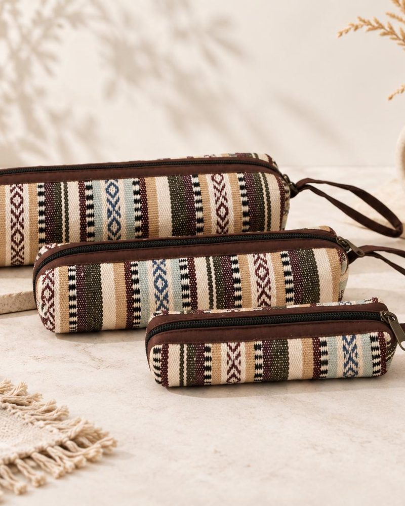 Zipper Pouches, Set of 3 in beige, handmade in Kathmandu, Nepal by manaKAmana