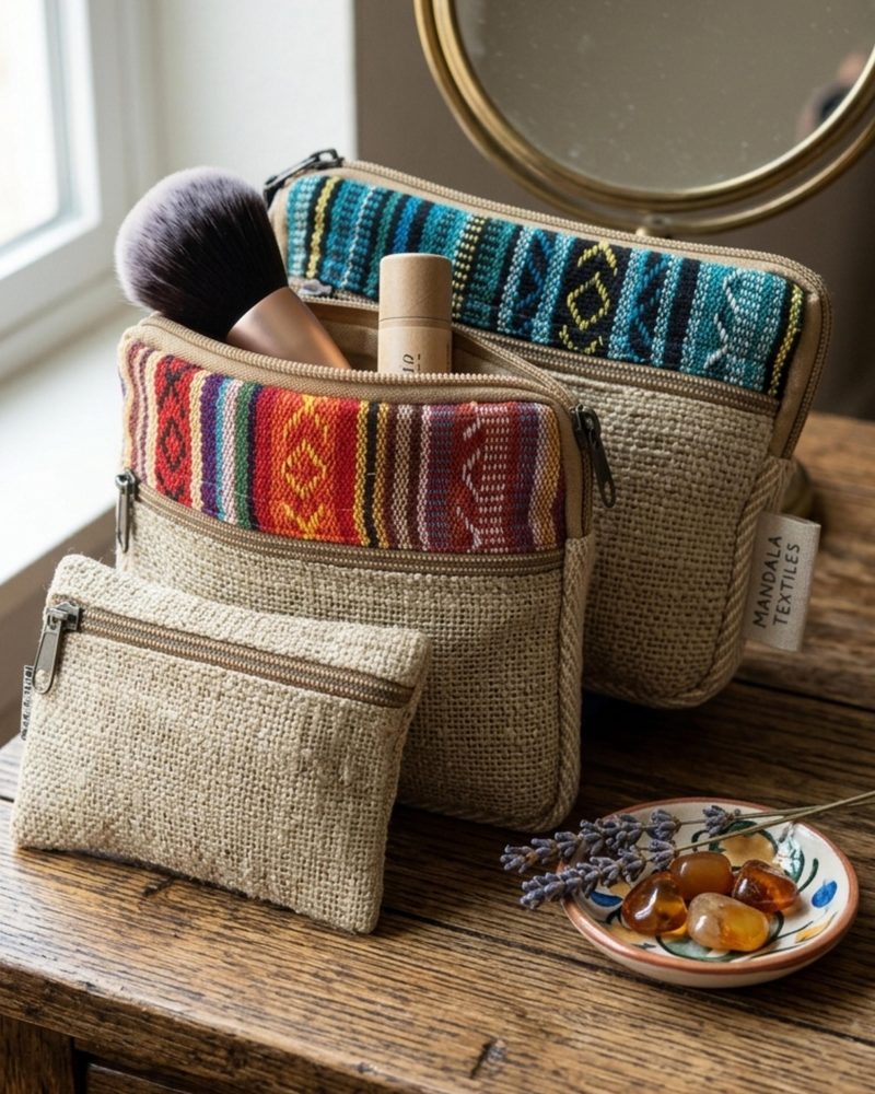 Hemp Pouch Set, Geometric Band in natural, handmade in Kathmandu, Nepal by manaKAmana