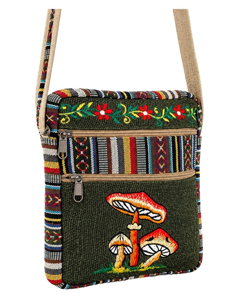 Mushroom Crossbody Bag in green, handmade in Kathmandu, Nepal by manaKAmana
