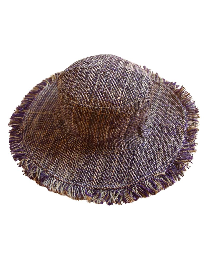 Hemp Sun Hat with Frayed Brim in purple, handmade in Kathmandu, Nepal by manaKAmana