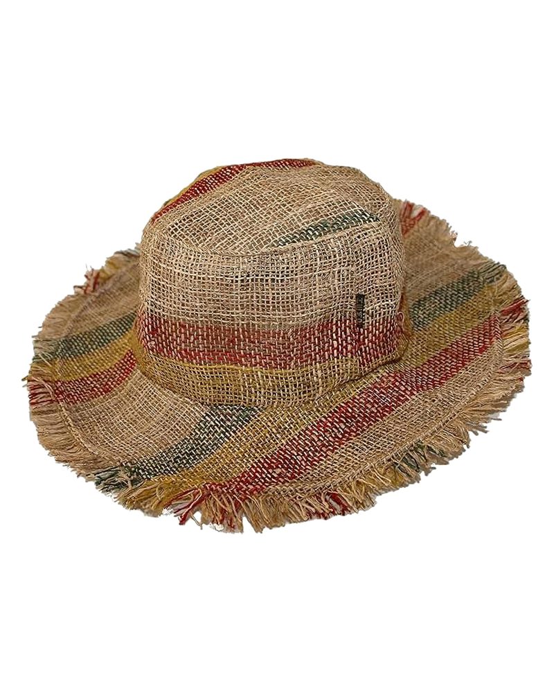 Hemp Sun Hat with Frayed Brim in rasta stripe, handmade in Kathmandu, Nepal by manaKAmana