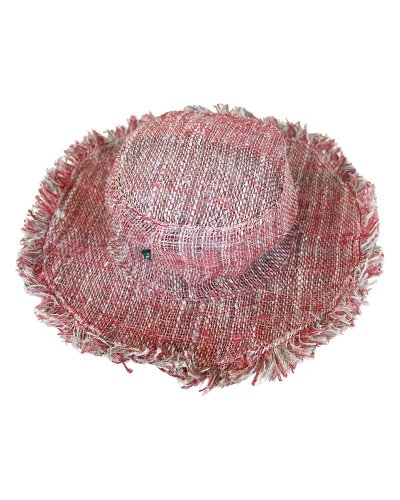 Hemp Sun Hat with Frayed Brim in red, handmade in Kathmandu, Nepal by manaKAmana