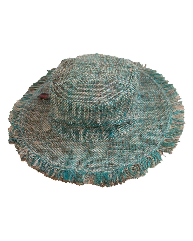 Hemp Sun Hat with Frayed Brim in teal, handmade in Kathmandu, Nepal by manaKAmana