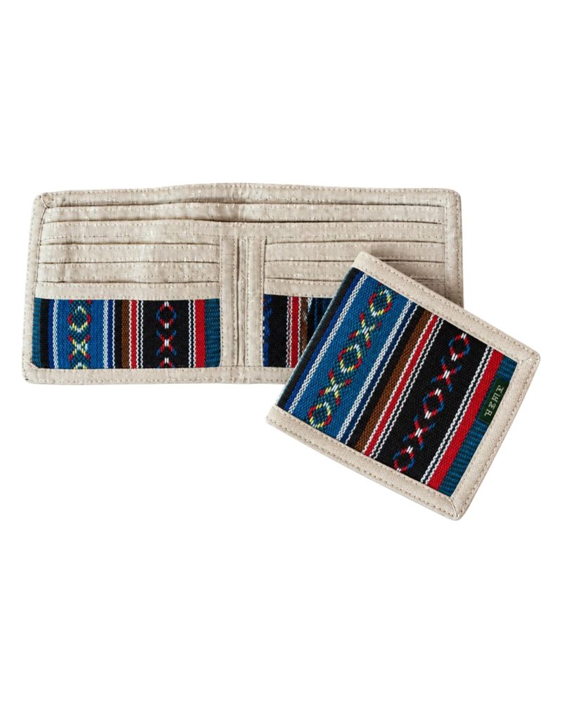 Hemp Wallet with Gheri Stripe in himalayan blue, handmade in Kathmandu, Nepal by manaKAmana