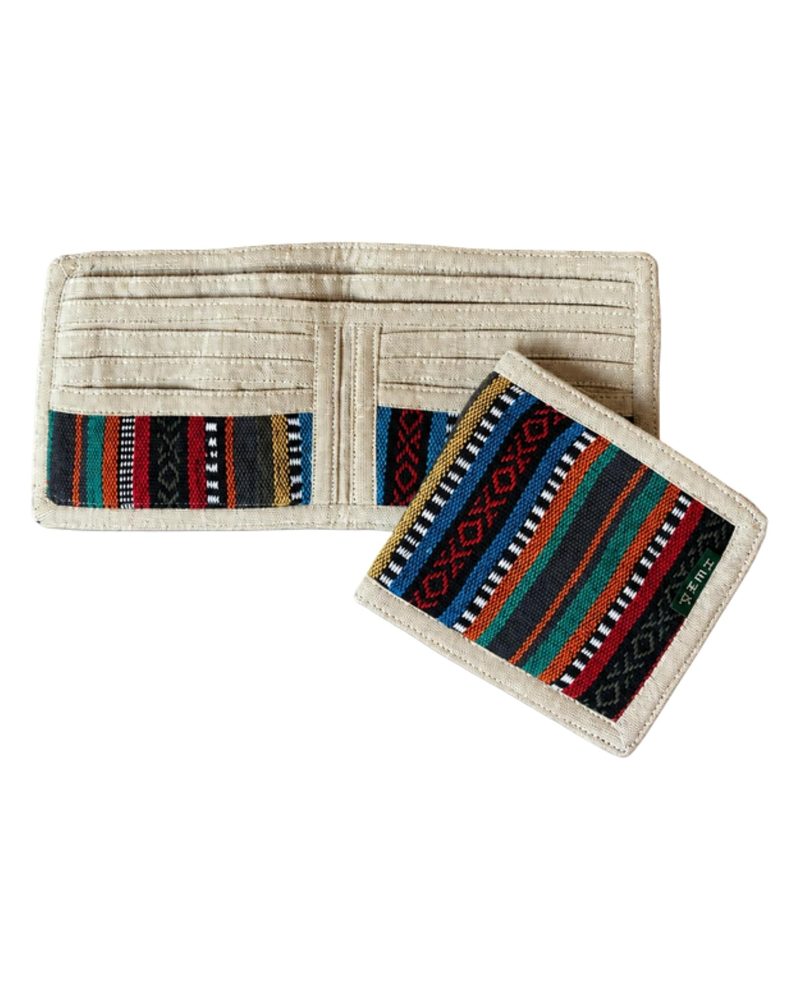 Hemp Wallet with Gheri Stripe in sunset orange, handmade in Kathmandu, Nepal by manaKAmana