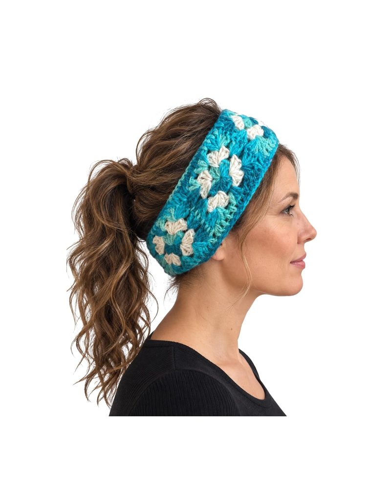 Crochet Wool Ear Warmer Headband in blue, handmade in Kathmandu, Nepal by manaKAmana